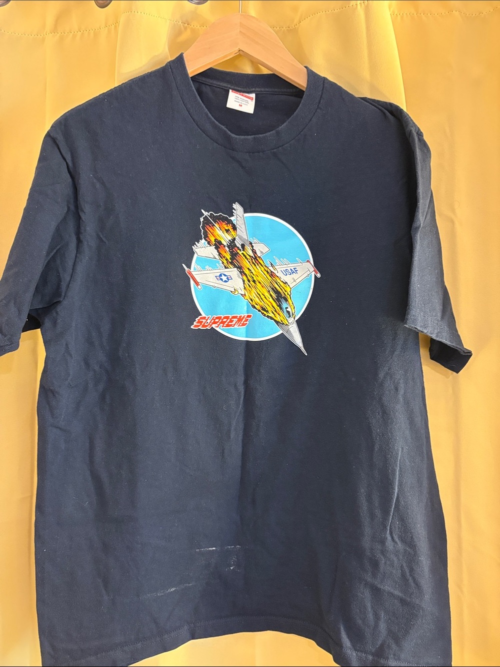 Supreme Navy Jet Graphic Short Sleeve Tee with Blue Circle Emblem